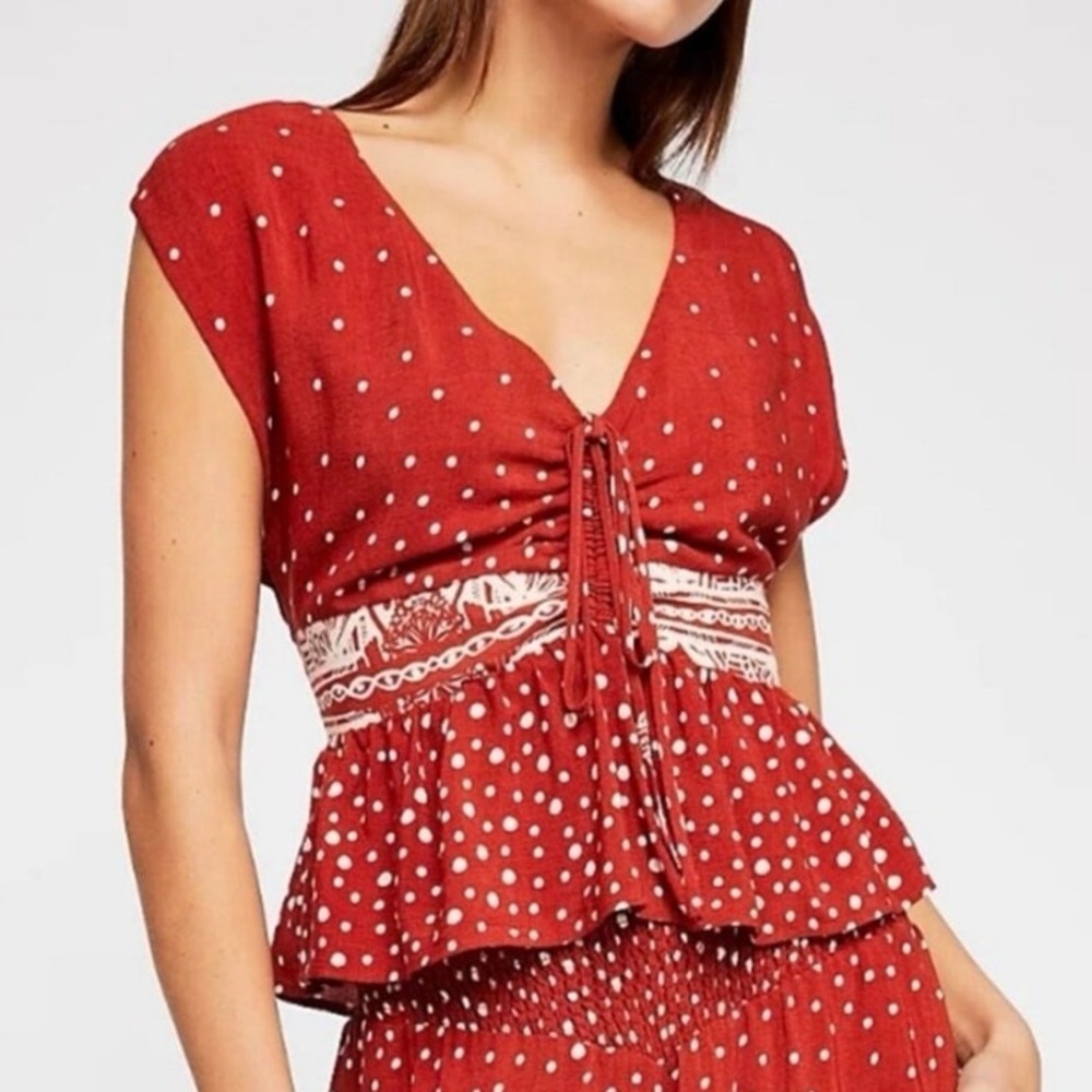 Free People Polka Dot Border Print Peplum Top Red Boho Smocked Waist Size XS